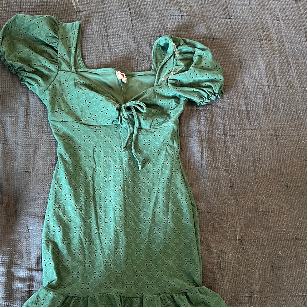Sage Green Eyelet Puff Sleeve Dress with Front Tie